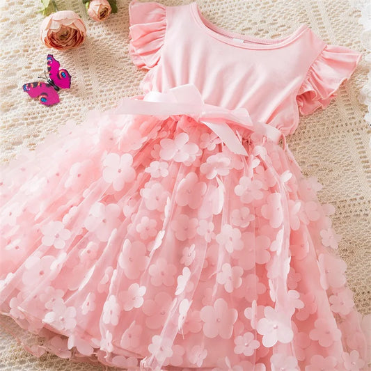 Toddler Baby Girls Clothes Elegant Floral Print Tulle Dress Summer Kids Princess Party Birthday Dress Butterfly Solid Mesh Dress